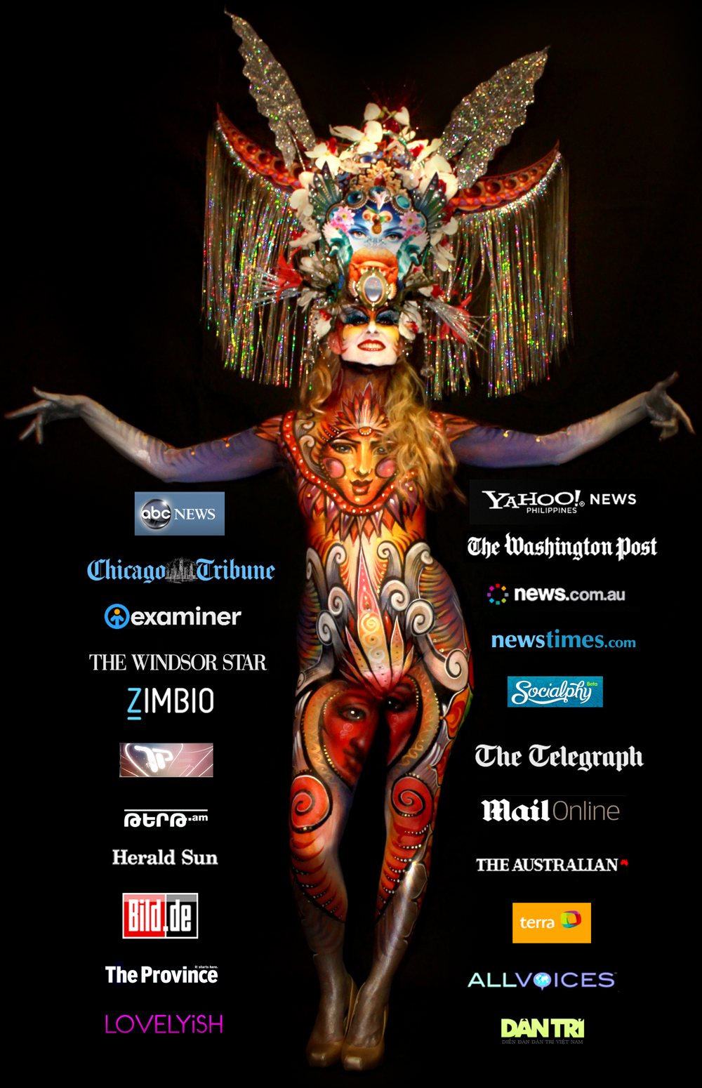 Bodypainting by Scott Fray and Madelyn Greco, with the news outlets that have covered the work
